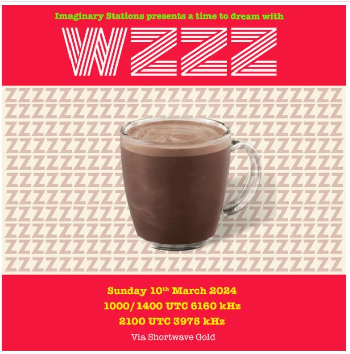 A picture by the Imaginary Stations project, showing a cup of coffee on the background of coffee-colored "z" letters and the "WZZZ" logo above it.