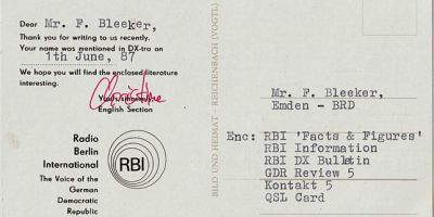 Mail from Radio Berlin International, 1987, including QSL card and promotional material